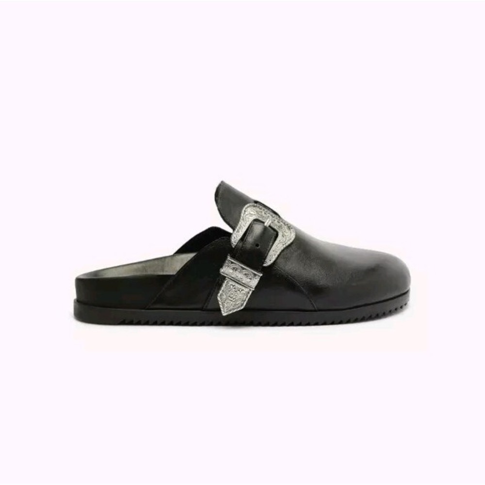 Schutz Brazil Grace Black Leather Silver Buckle Slip On Clogs Mules 7.5 B $178